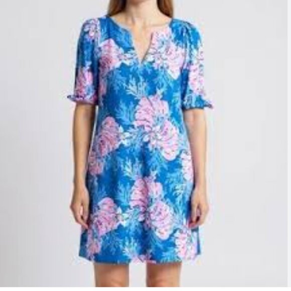 Lilly Pulitzer Blue Pink Floral Easley Short Sleeve Dress l large - Picture 1 of 6